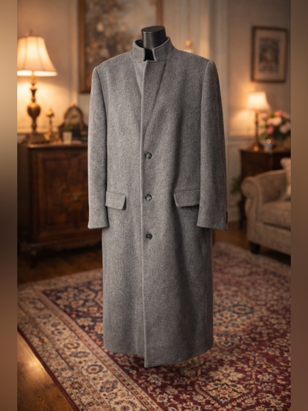 Vintage Bay Club Wool & Cashmere Tall Coat Grey Luxe Orange Lining Men Size 42 - Picture 4 of 17
